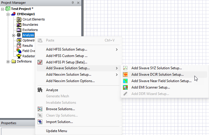 Project Manager Window > Active Design Folder > Analysis > Add SIwave Solution Setup > Add SIwave DCIR Solution Setup