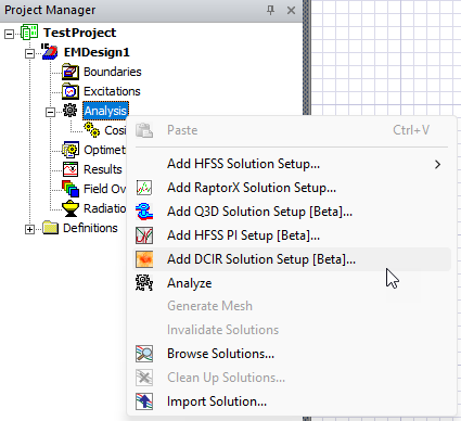 Project Manager Window > Active Design Folder > Analysis > Add SIwave DCIR Solution Setup