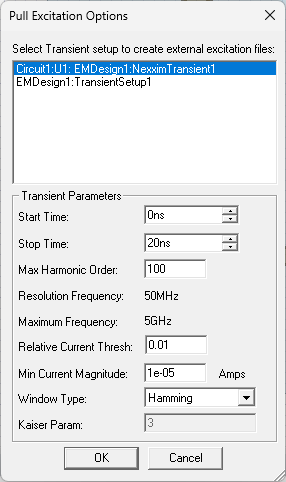 Pull Excitation Options Window