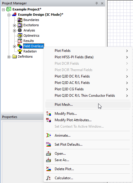 Project Manager Window > Project Tree > Active Design Folder > Plot Mesh