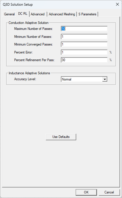 Q3D Solution Setup Window > DC RL Tab