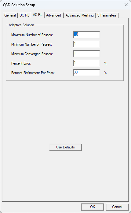 Q3D Solution Setup Window > AC RL Tab