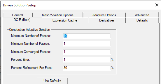 Driven Solution Setup dialog, DC R tab.