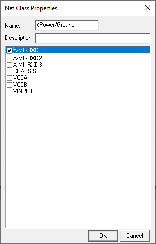 Net Class Properties Window with Name box, Description box, and list. 