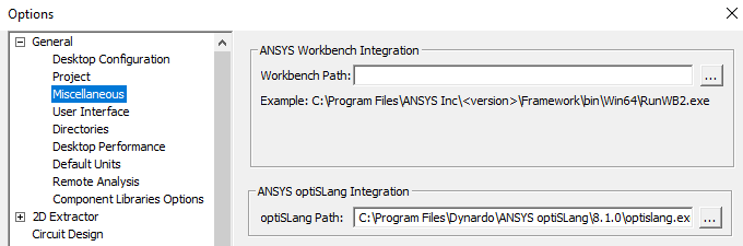 Options window, General branch open, Miscellaneous highlighted. 
