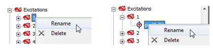 Project Tree, Excitations branch righ-click menu. Rename option highlighted.