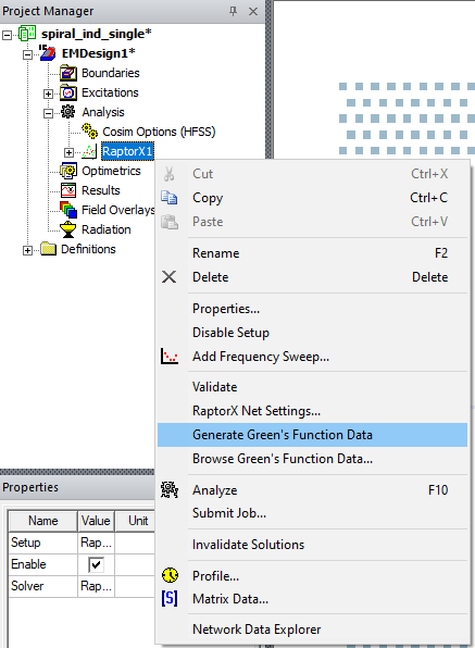 Project Manager Window > Project Tree > Active Design Folder > Analysis > RaptorX1 > Generate Green's Function Data