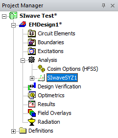 Project Manager > Project Tree > Active Design Folder > Analysis > SIwaveSYZ1