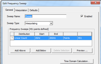 Edit Frequency Sweeps dialog. General tab.