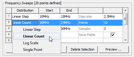 Frequency Sweeps groupbox, Distribution options listed, Linear Count selected.