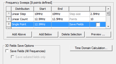 Frequency Sweeps groupbox, single point selected.