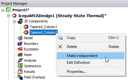 3D Component shortcut menu. Make Independant option highlighted.