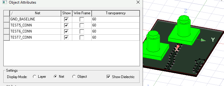 Object Attribute dialog. Net mode enabled.