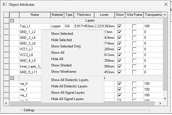 Object Attribute dialog. Shortcut menu, options for vizualization of layers..
