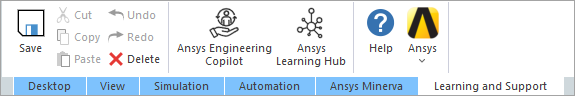 Application ribbon showingg the options for Learning and Support Tab, from left to right, Ansys Innovation Courses, Ansys Learning Hub, Ansys Knowledge, Ansys Learning Forum, Customer Portal, Hep, and Ansys.