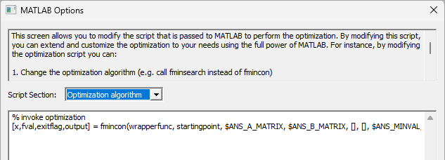 MATLAB Options window. Script Section set to Optimization Algorithm.