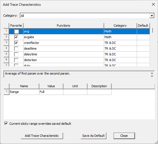 Add Trace Characteristics dialog box.