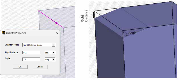 Model of 3D object with specified right distance angle chamfer.