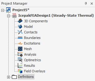 View of the Project Manager window with an IcepakFEA design