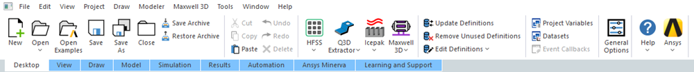 Ansys Electronics Desktop Main Application Window's Ribbon.