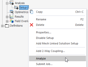 Right-click Setup menu, Analyze option highlighted.