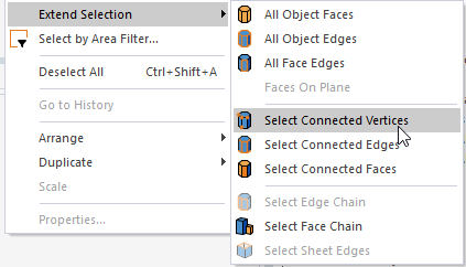 Extend Selection submenu, Select Connected Vertices option highlighted.