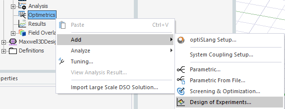 Optimetrics shortcut menu, Add submenu expanded, Design of Experiement option highlighted.