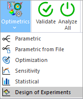 Optimetrics drop-down menu, Design of Experiment option highlighted.