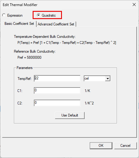 Edit Thermal Modifier window. Quadratic selected. 