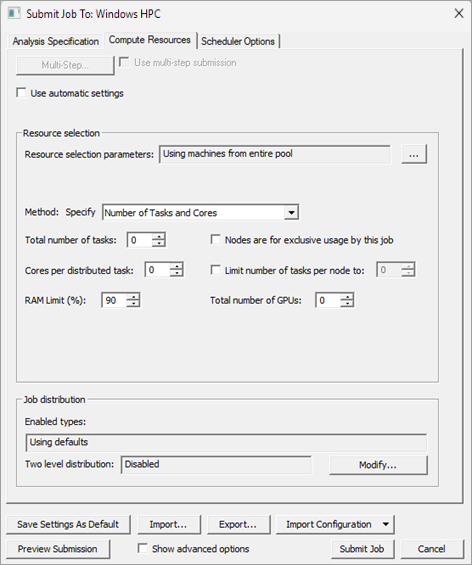 Submit Job To dialog box, Compute Resources tab.
