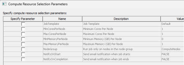 Compute Resources Selection Parameters window. 