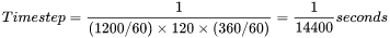 Time step solved for 1200 rpm equals 1 over 14400 seconds