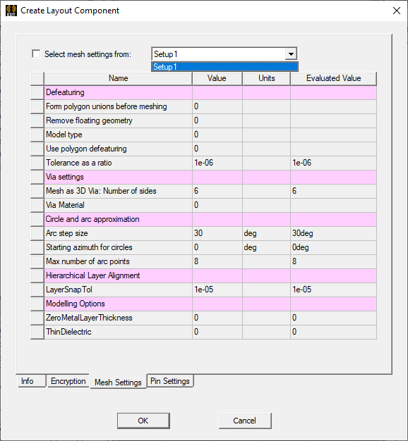 Create Layout Component Window > Mesh Settings Tab Create Layout Component Window > Mesh Settings Tab