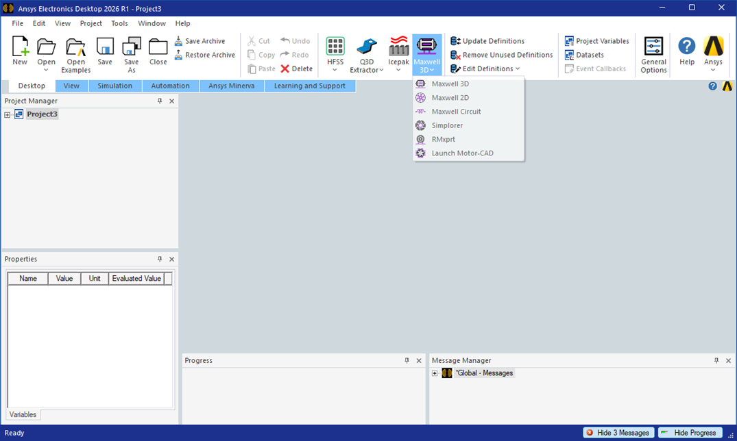 AEDT Application window with empty project windows.