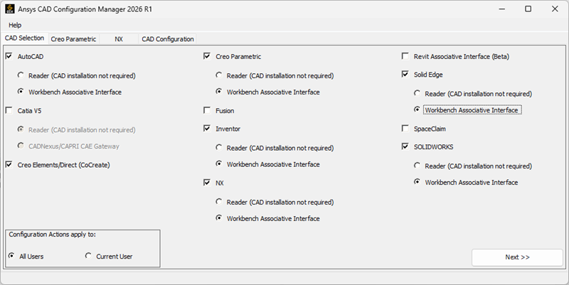 View of the Ansys CAD Configuration Manager window with select CAD interfaces activated
