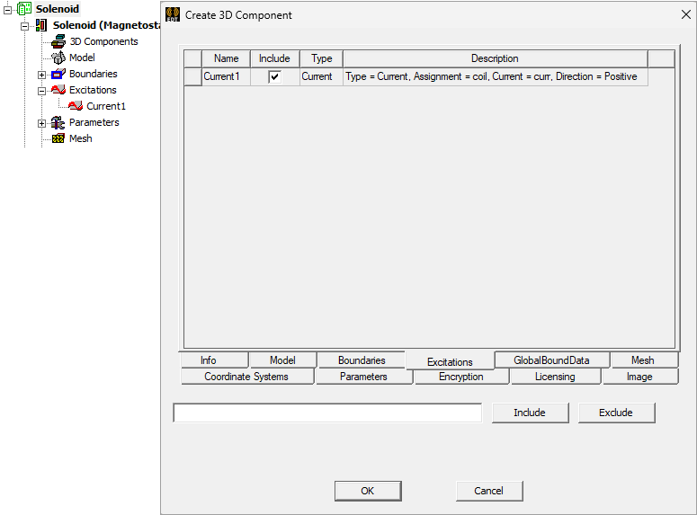 Create a 3D Component dialog. Excitations tab. Include option checked.