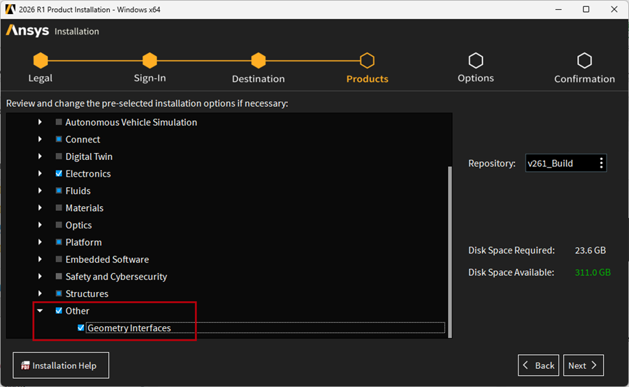 The Geometry Interfaces installation option is highlighted