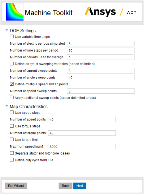 View of the Machine Toolkit's DOE Settings, with the Define multiple speed sweep points option selected