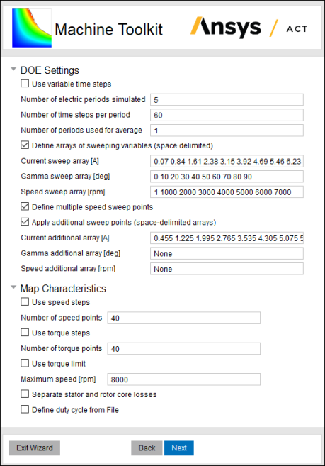View of the Machine Toolkit DOE settings with Define arrays of sweeping variables selected