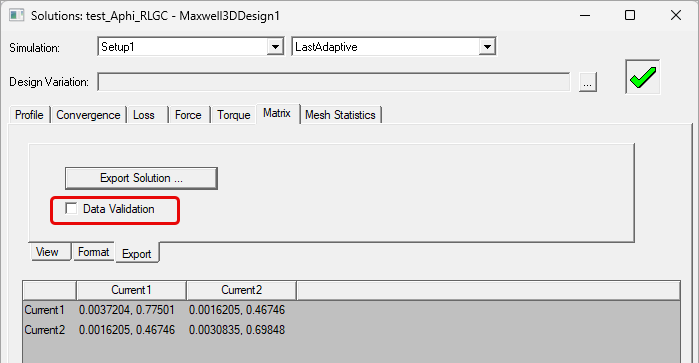 View of the Matrix tab with the Data Validation option unchecked