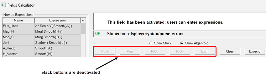 View of the Fields Calculator in Algebraic mode