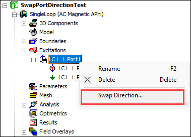 Right Click menu for Port Excitation includes Swap Direction