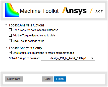 View of the last step in the Machine Toolkit setup, with Use results of simulations to create efficiency maps selected