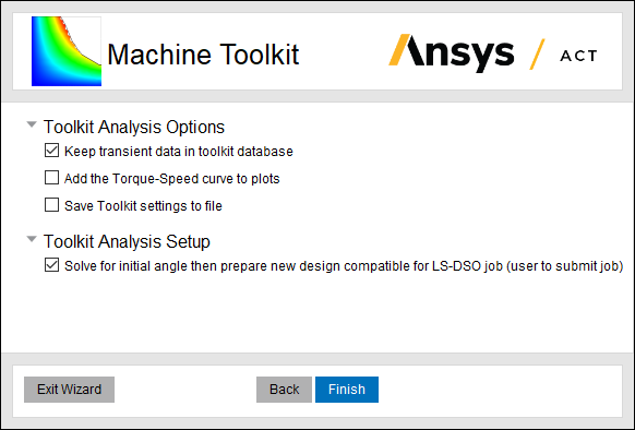 View of the Machine Toolkit setup with the Solve for initial angle then prepare new design compatible for LS-DSO job (user to submit job) option selected