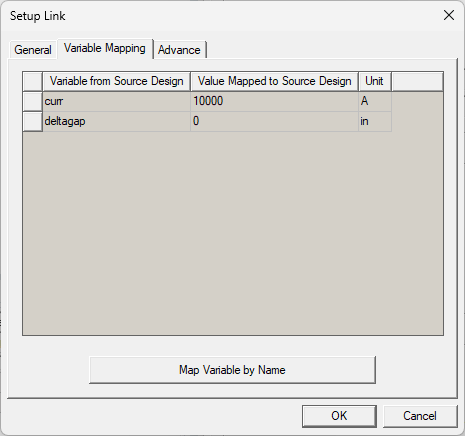 The Setup Link dialog box with the Variable Mapping tab selected