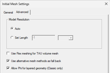 Initial Mesh Settings, Advances tab.