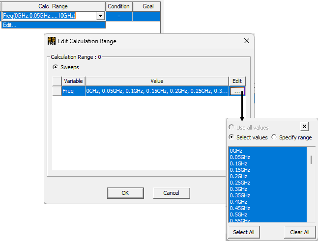 Edit Calculation Range window, edit button pressed, popup window. 