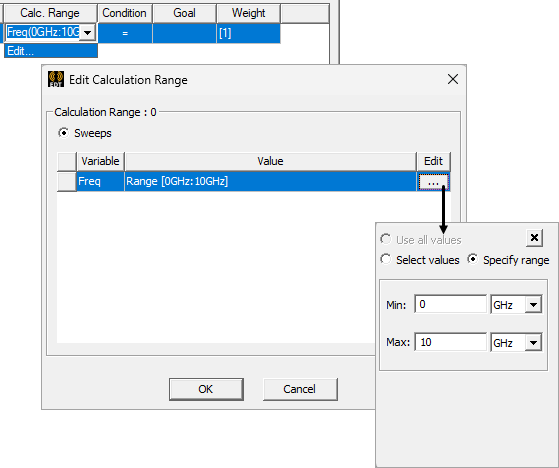 Edit Calculation Range window, edit button pressed, popup window. 