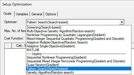Setup Optimization window. Goals tab open, Optimizer drop-down menu open, Pattern Search (search based) selected.