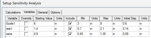 Setup Sensitivity Analysis window open. Variables tab open. 3 variables listed, column titles Include contains check marks for all 3 variables. 